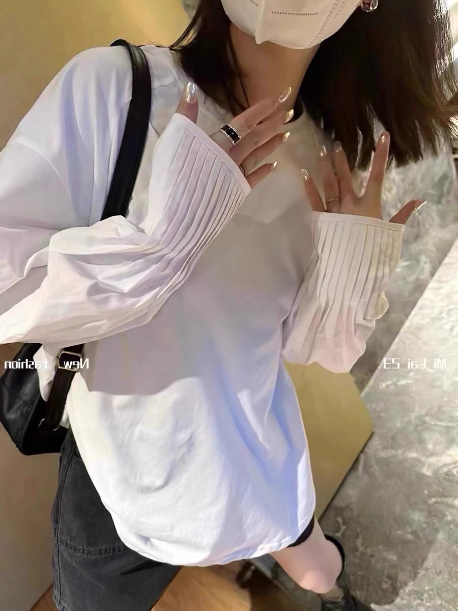 T恤女2024早春款皺褶燈籠袖拼接韓版設計感體恤上衣
