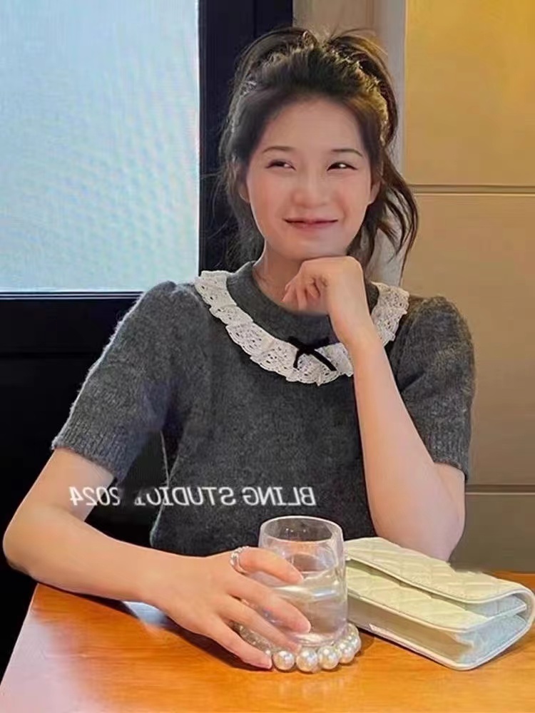 BB家ins博主同款圓領花邊蝴蝶結元素短袖針織小件甜美毛衣