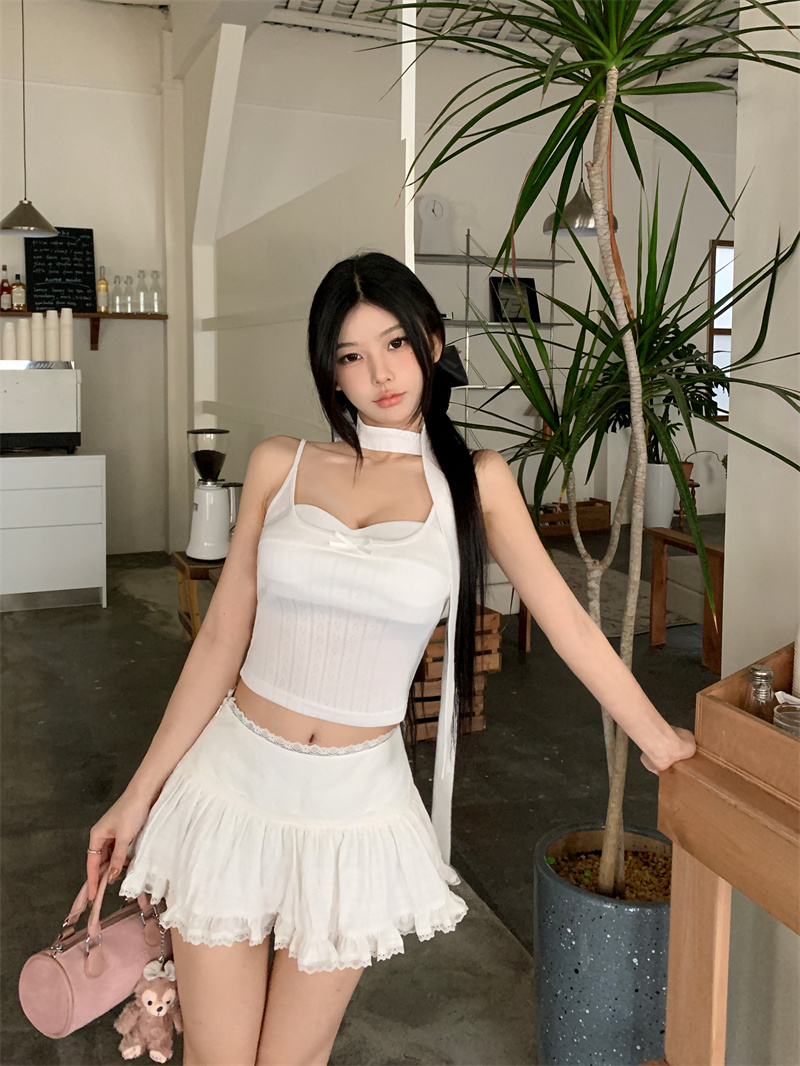 實拍 戀愛萬能搭 自帶胸墊藍色短袖女夏季甜辣純欲上衣