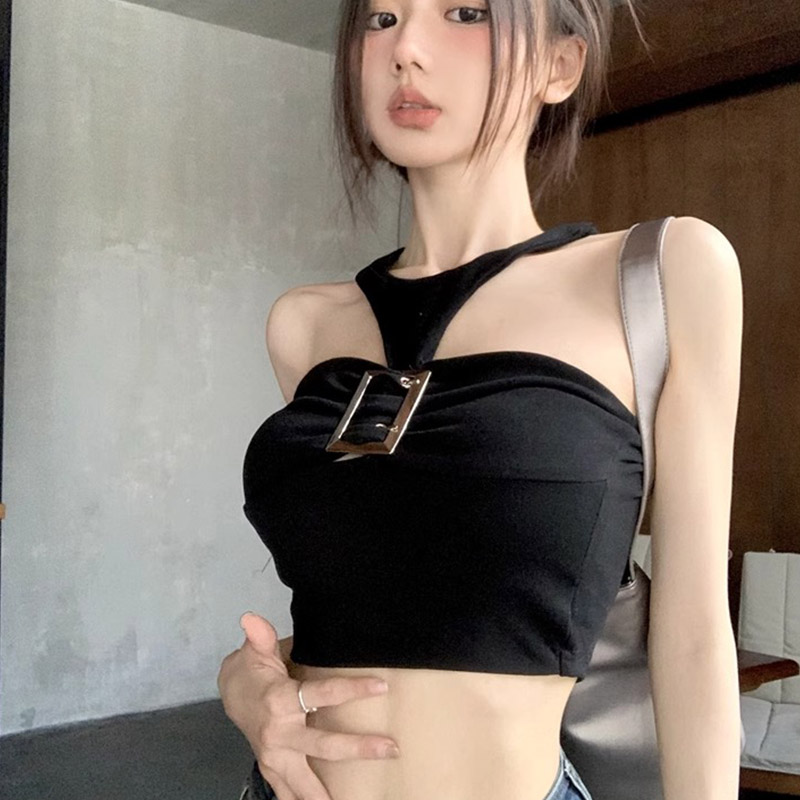 已出貨  純欲風辣妹金屬扣掛脖背心女春夏露背無袖小吊帶上衣純色