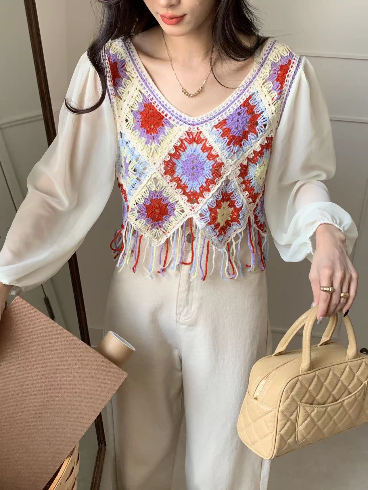 春裝女2024新款獨特别致小衫溫柔甜美風鏤空拼接雪紡長袖上衣女
