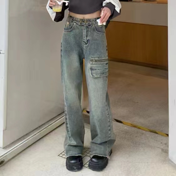 韓版復古做舊毛邊高腰牛仔褲女寬鬆闊腿設計感直筒長褲
