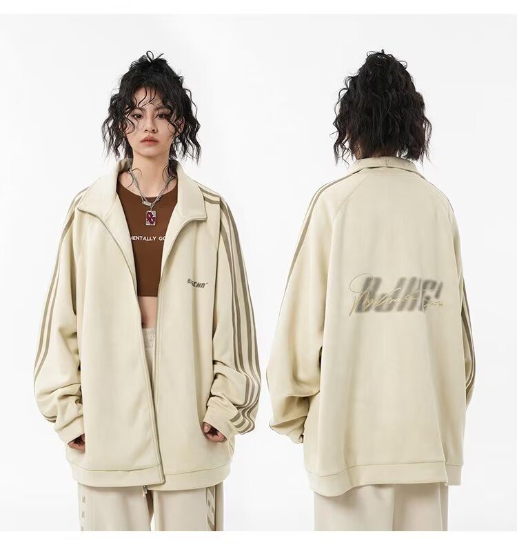 國潮牌情侶美式條紋麂皮絨立領夾克寬鬆休閒拉鏈外套女
