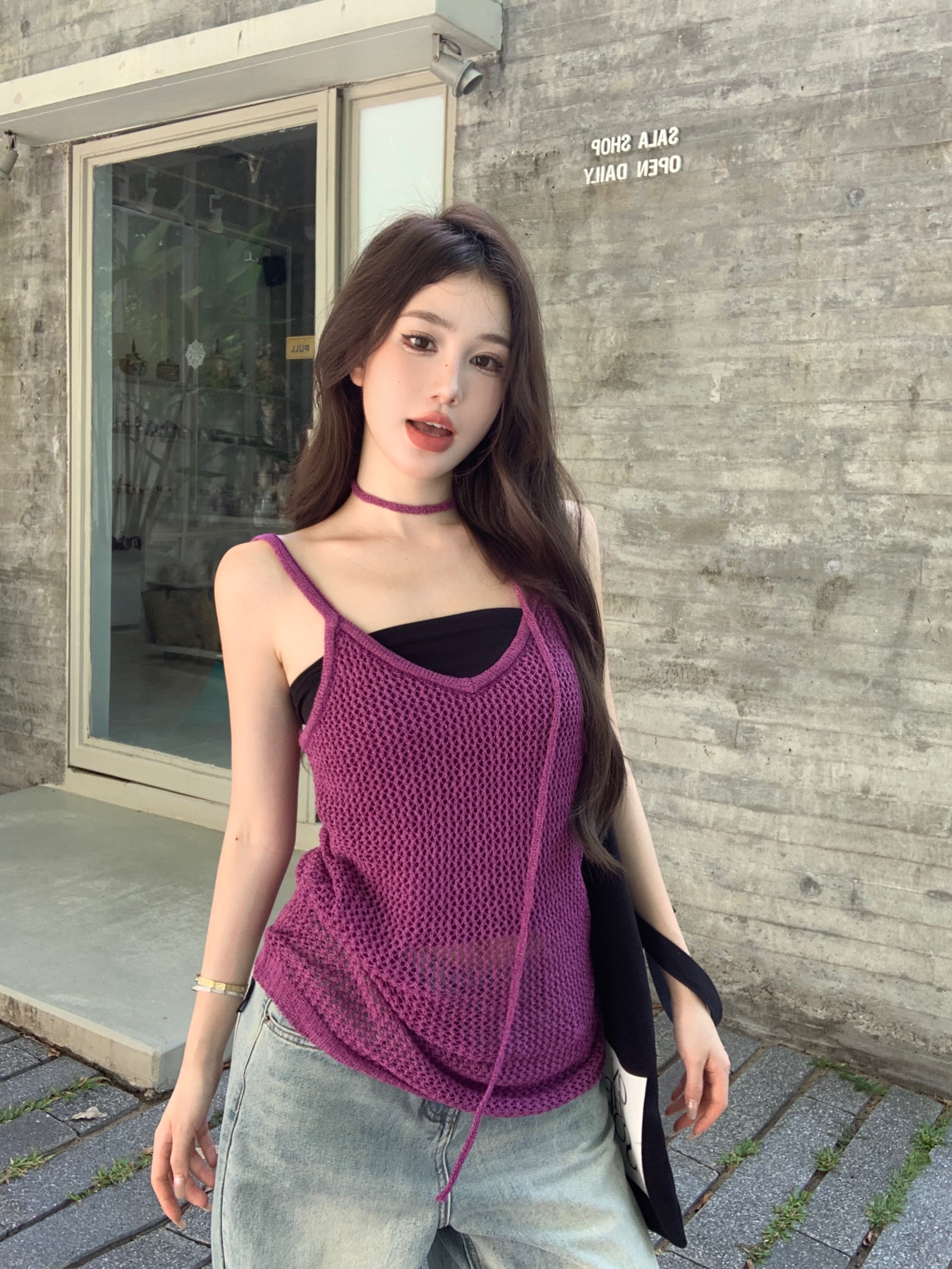 Real shot of sweet hot girl purple sexy knitted camisole summer hollow slim fit beautiful back halter top