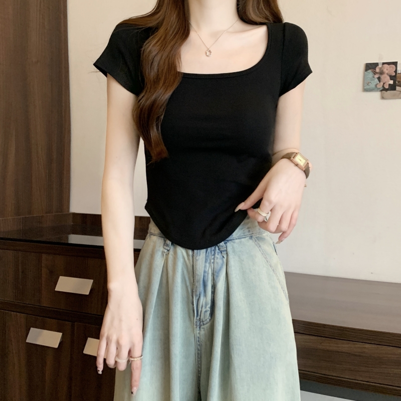 實拍  40支純棉 2024夏裝設計感小眾彈力短袖T恤女