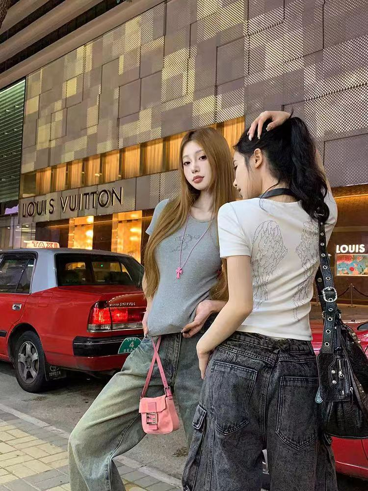 40支純棉螺紋天使翅膀燙鑽白色短袖T恤女夏季緊身辣妹性感打底衫