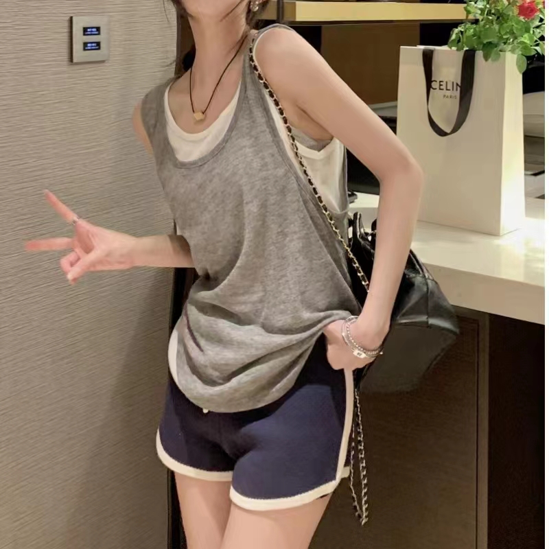 輕薄透氣雙色顯瘦螺紋背心不可拆卸假兩件T恤女