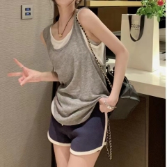 Lightweight breathable double-color slimming ribbed tank top for women, non-removable two-piece T-shirt