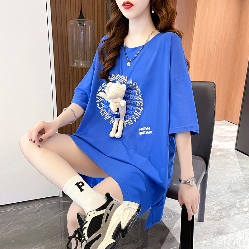 實拍65/35拉架夏季2024韓版中長款發泡印花寬鬆短袖T恤女