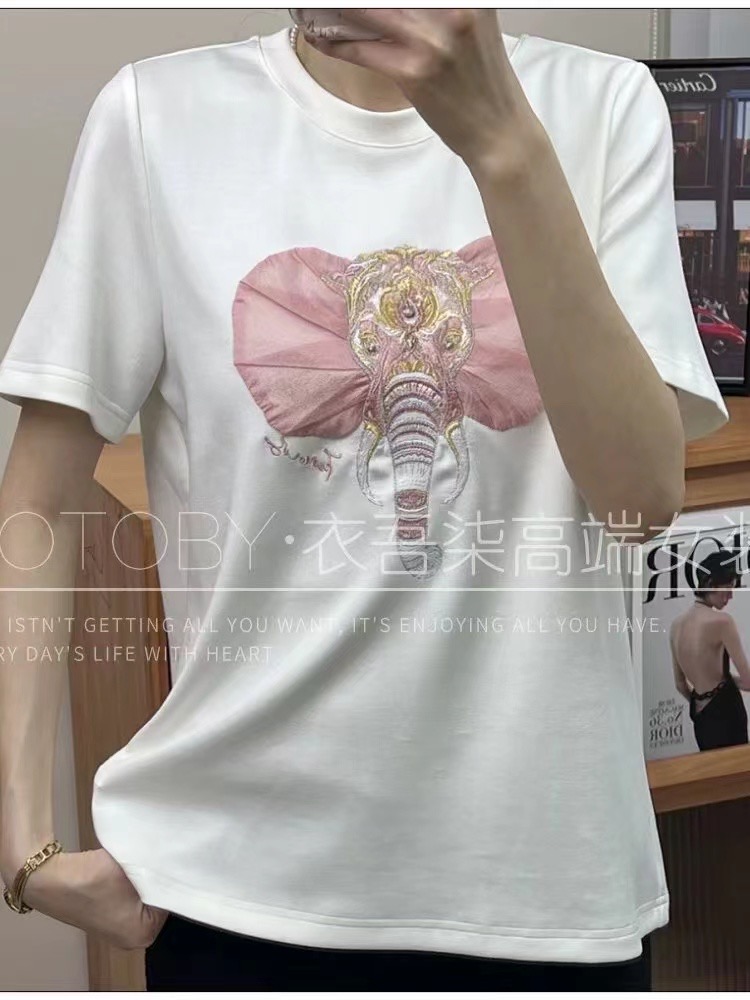 歐洲站2024早春新款圓領短袖釘鑽刺繡大象純棉T恤上衣女