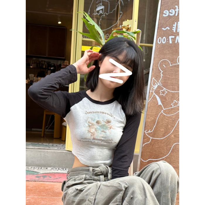 修身短款長袖T恤女美式復古辣妹內搭外穿上衣 原版面料