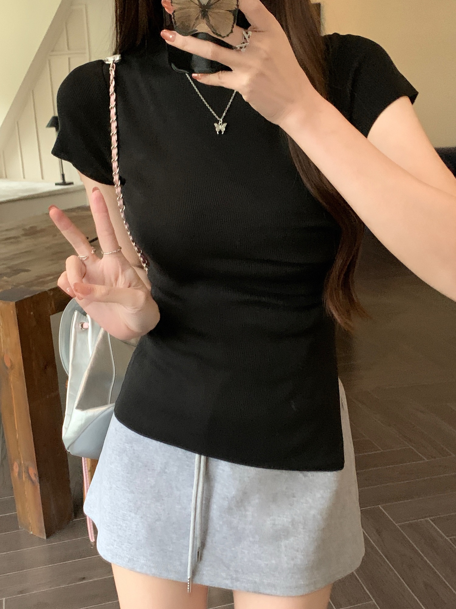 實拍 夏季韓版修身氣質半高領褶皺開叉設計感針織短袖女上衣