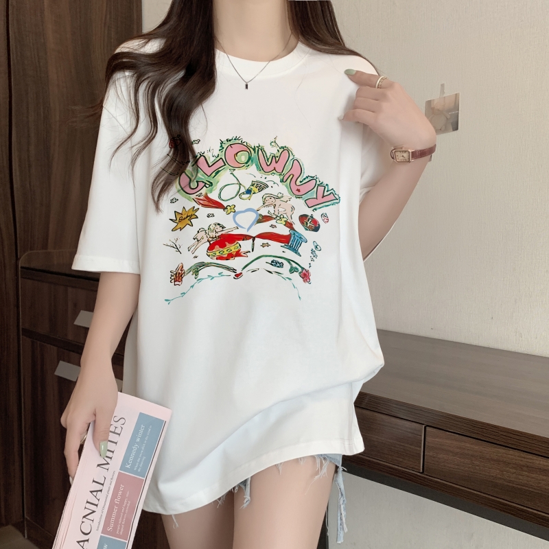 實拍 100%棉精梳純棉 印花夏裝短袖T恤女寬鬆韓版