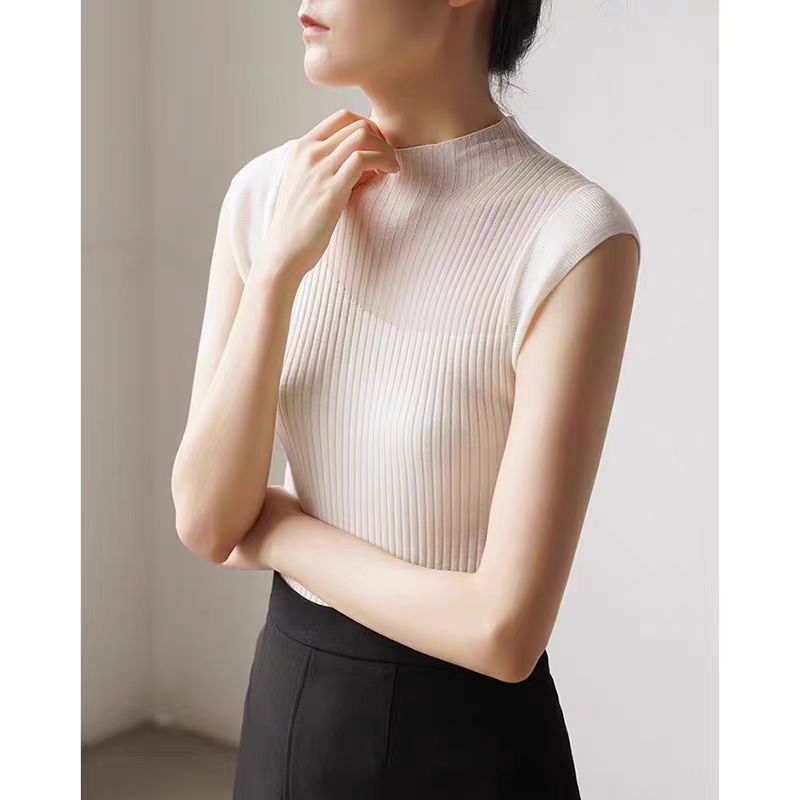 法式半透明黑色天絲針織衫短袖t恤女夏高級感正肩無袖冰絲上衣薄