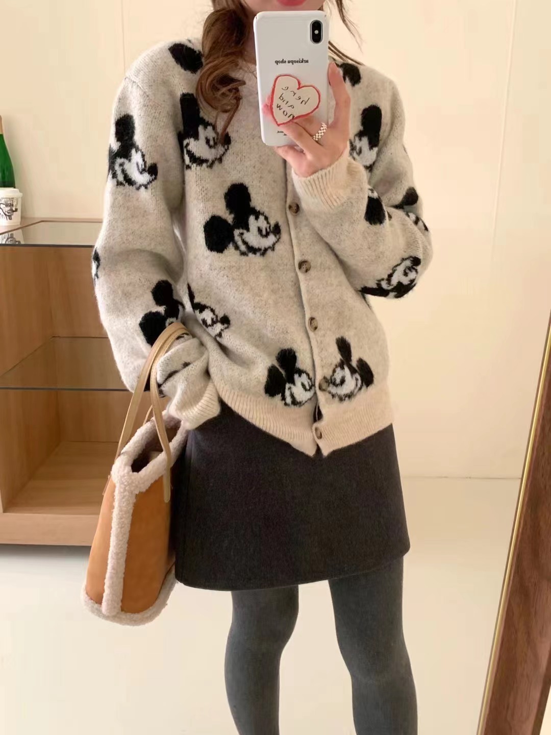 韓版可愛減齡米奇提花毛衣開衫女秋冬新款設計感休閒百搭上衣
