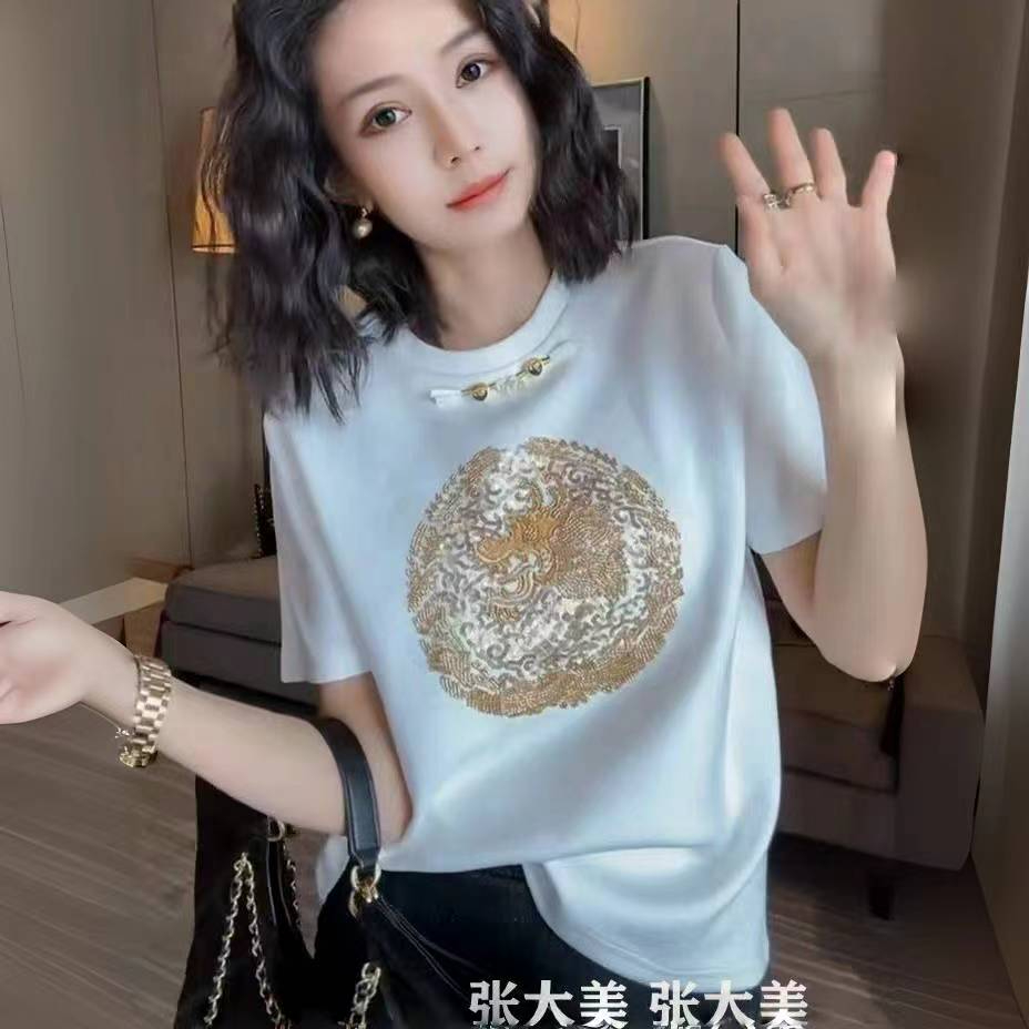 新中式盤扣白色短袖T恤女2024春季新款洋氣印花半袖上衣寬鬆體恤
