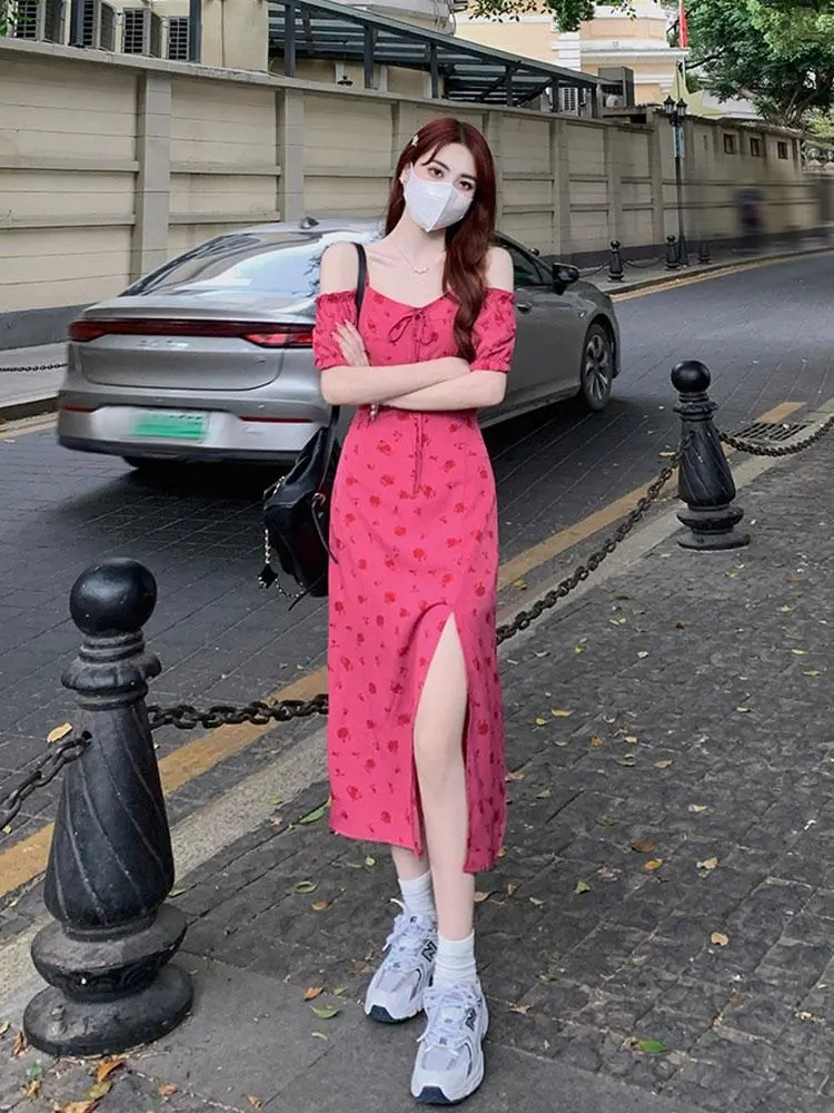 大碼法式高級感玫紅色碎花連衣裙女夏胖mm氣質收腰顯瘦短袖茶歇裙
