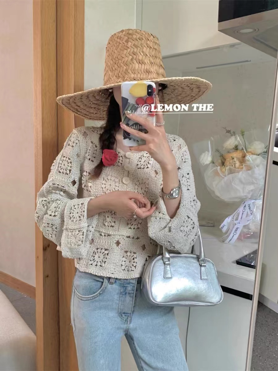 THE Lemon春季提花鏤空針織小衫女2024新款法式氣質圓領長袖上衣
