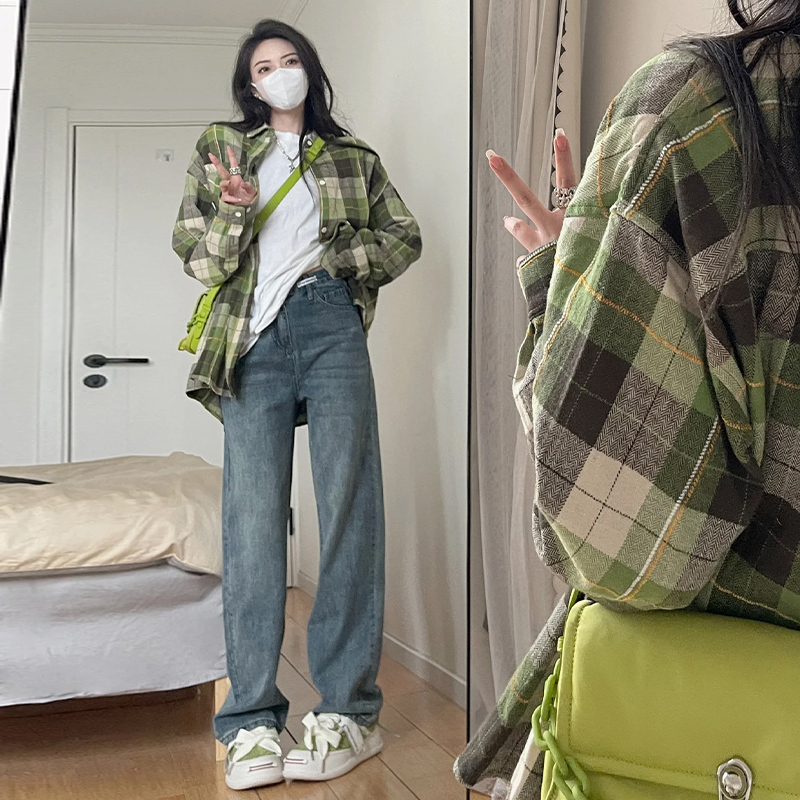 法式復古綠色格子襯衫襯衣外套女春秋裝女2024年新款寬鬆長袖上衣
