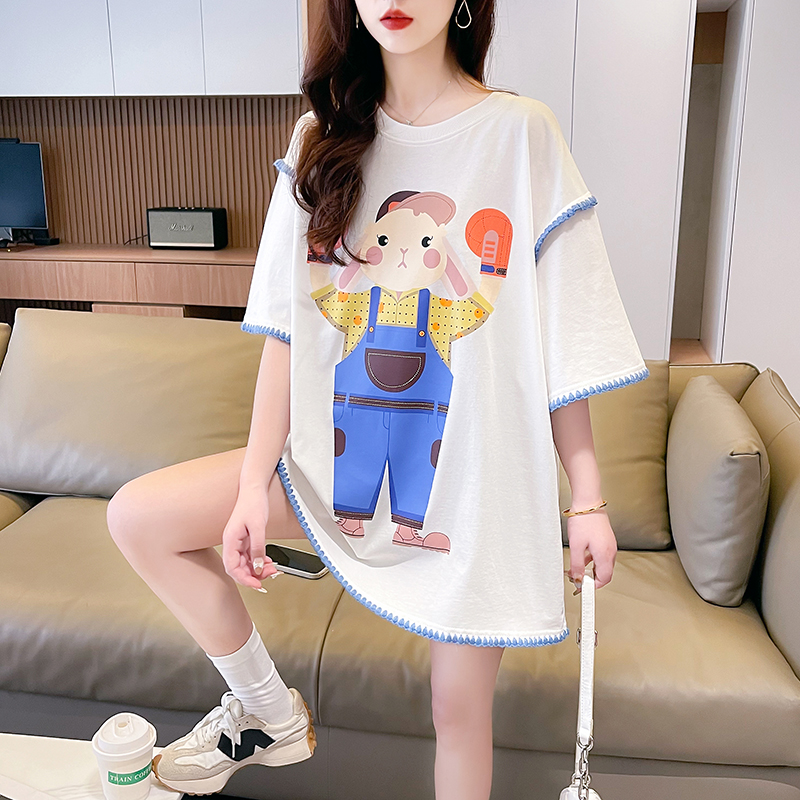 | 實拍100%純棉 | 後包領 | 夏韓版中長款重工刺繡短袖T恤女