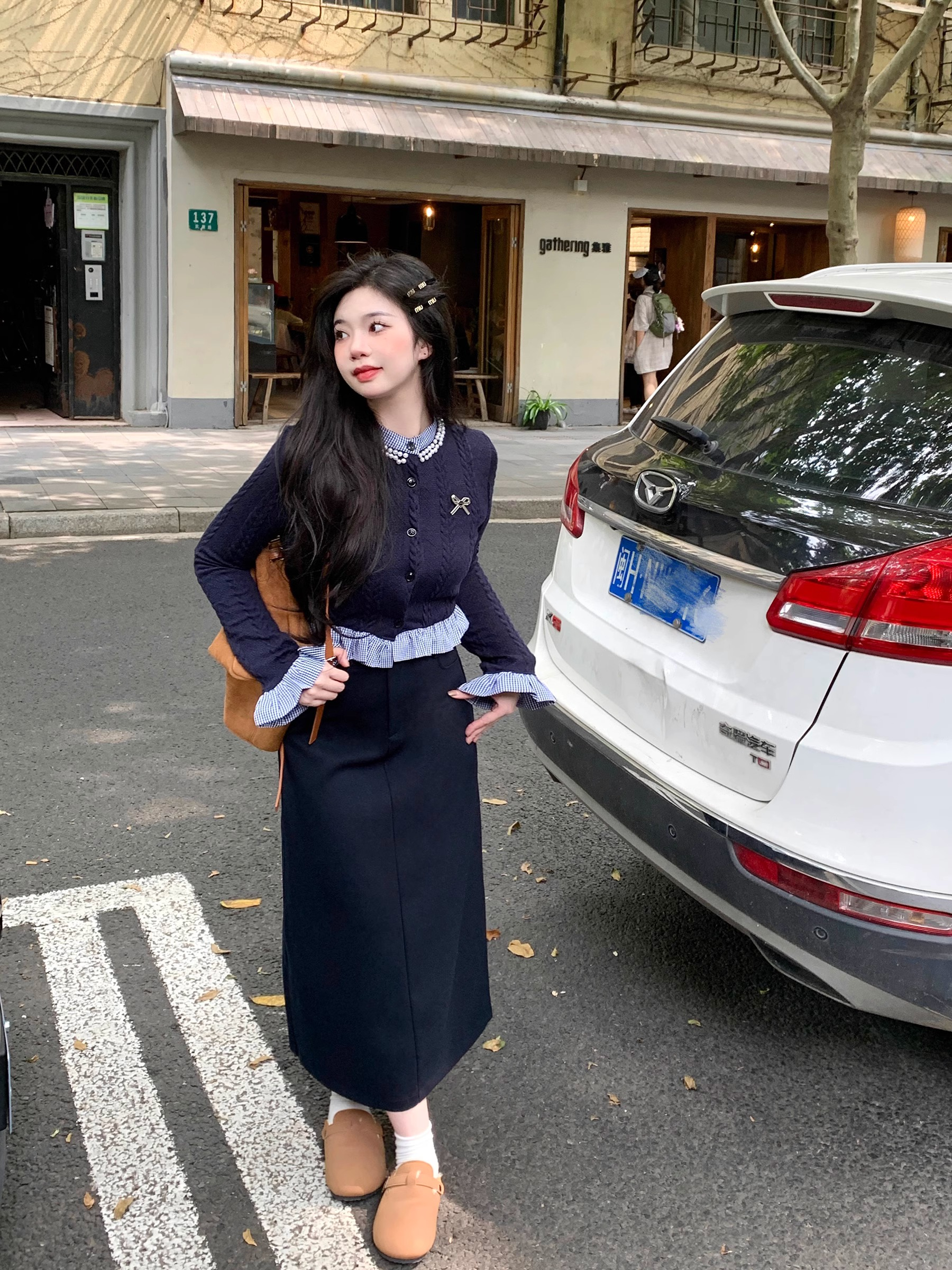 春季新款女裝套裝假兩件拼接長袖針織衫高腰半身裙子學院風兩件套