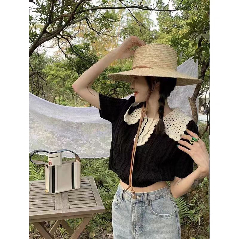 設計感小眾娃娃領針織衫女夏季薄款短袖上衣