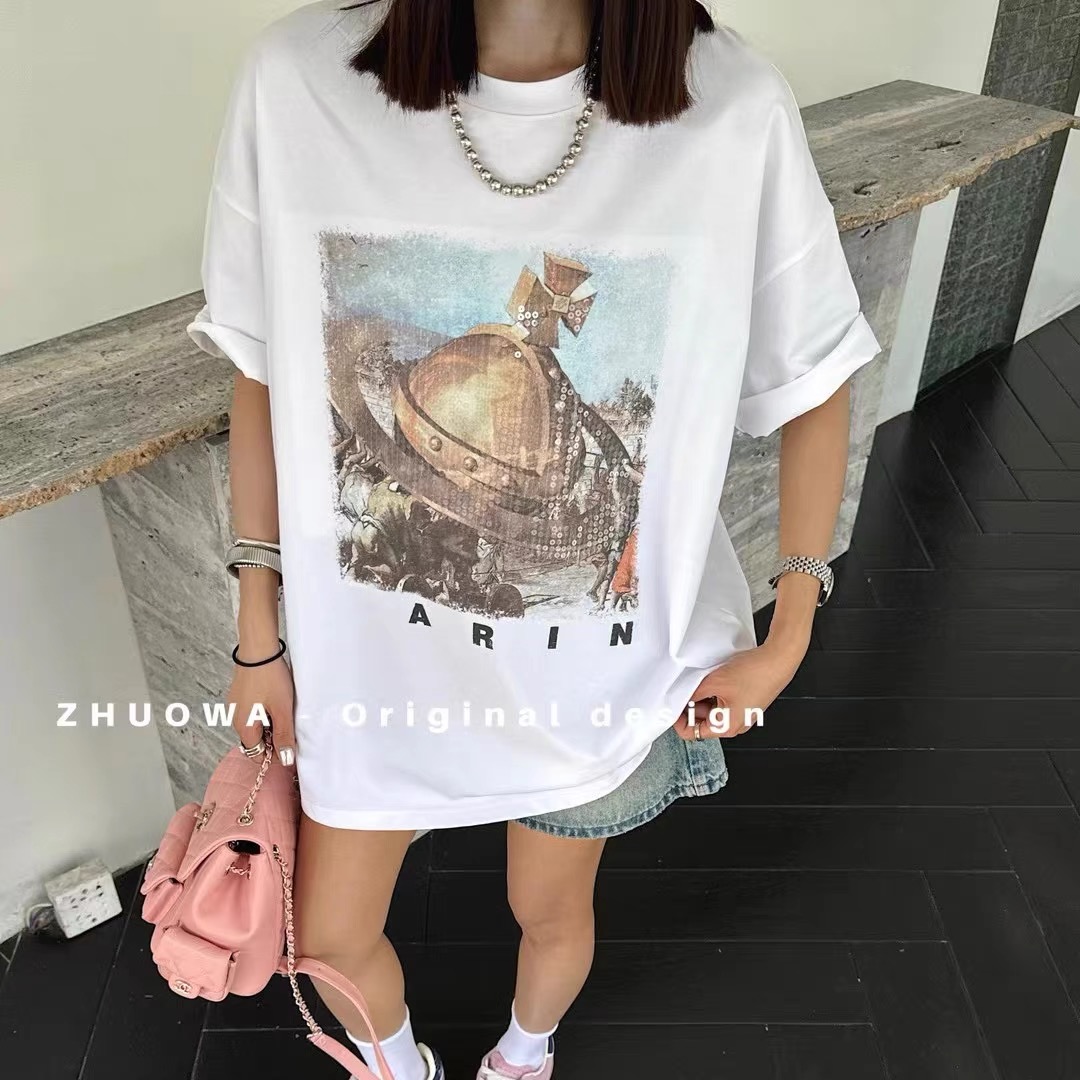 卓娃2024春夏新款個性星球印花亮片刺繡百搭中長款短袖T恤女
