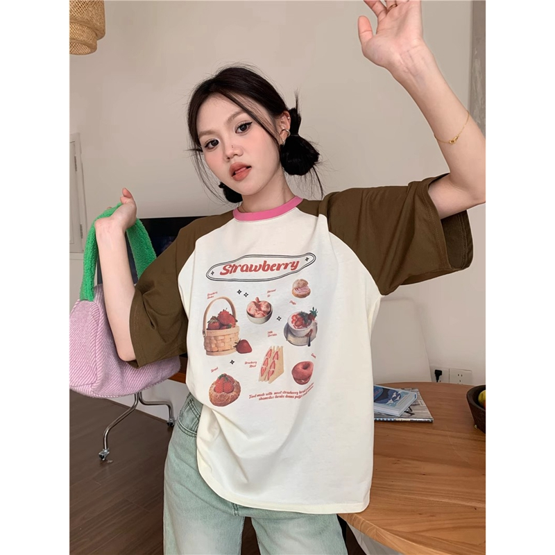 6535拉架棉 復古插肩圓領短袖t恤女夏季韓版洋氣上衣