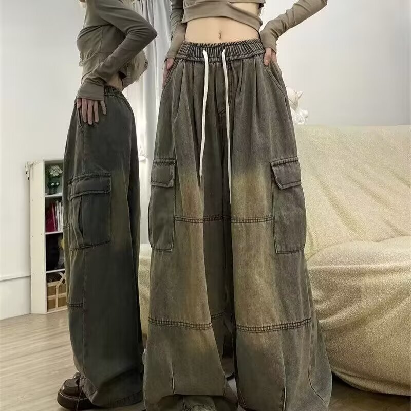 美式復古闊腿牛仔工裝褲女小個子顯瘦寬鬆直筒垂感拖地褲