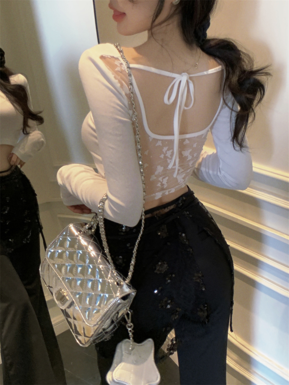 實拍新款設計感拼接網紗短款T恤女純欲辣妹修身綁帶露背上衣套裝