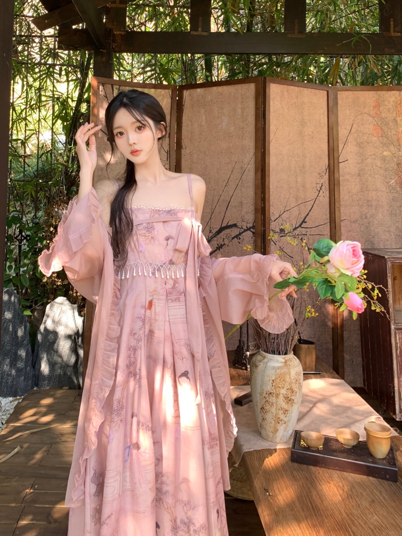 Plus size women's national style ink bamboo leaf Chinese style improved Hanfu suspender long skirt chiffon cardigan mid-length outer wear