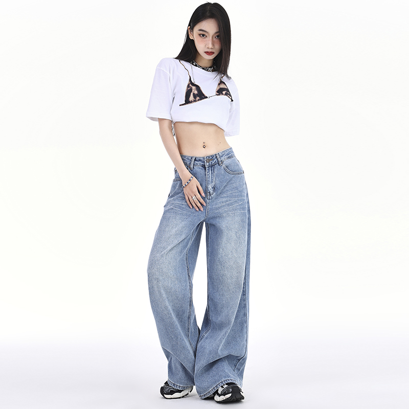 實拍高腰闊腿牛仔褲女2024春季新款寬鬆垂感水洗直筒拖地褲