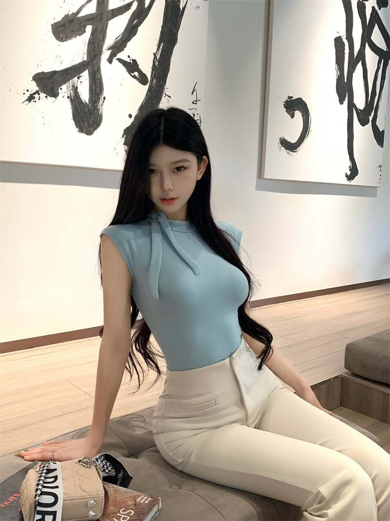 實拍 圍巾領短袖T恤 夏季女人味時尚百搭氣質顯胸修身上衣