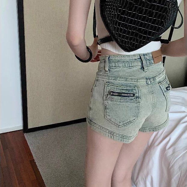 美式復古辣妹牛仔短褲女夏季高腰顯瘦包臀小個子A字闊腿緊身短褲