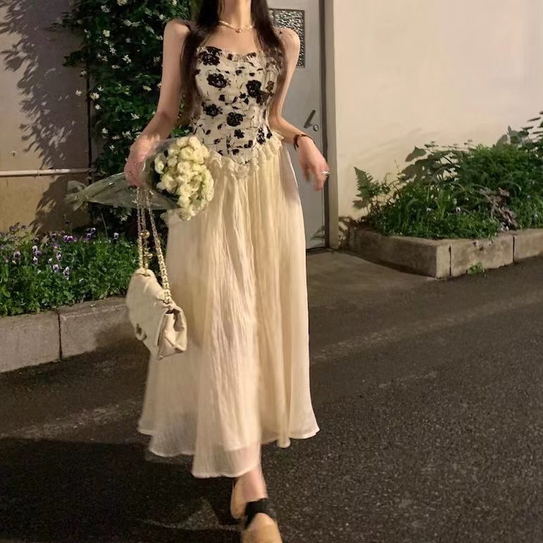 原版做法+打攬+四面彈+雪紡+里布 法式連衣裙拼接碎花高腰連衣裙