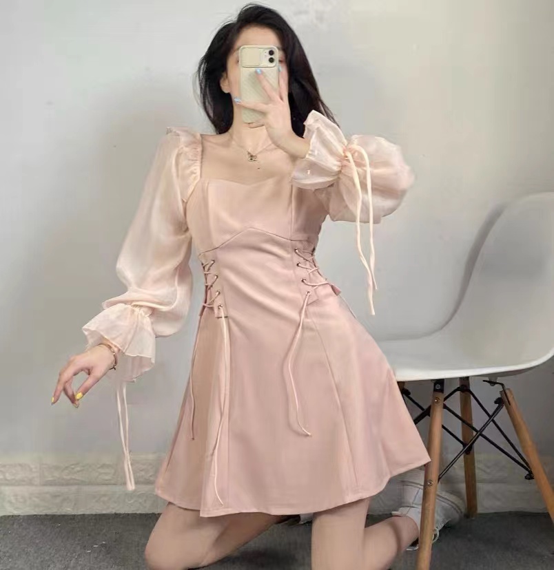 夏季新款小個子長袖收腰顯瘦清新百搭學生小眾桔梗設計感連衣裙女