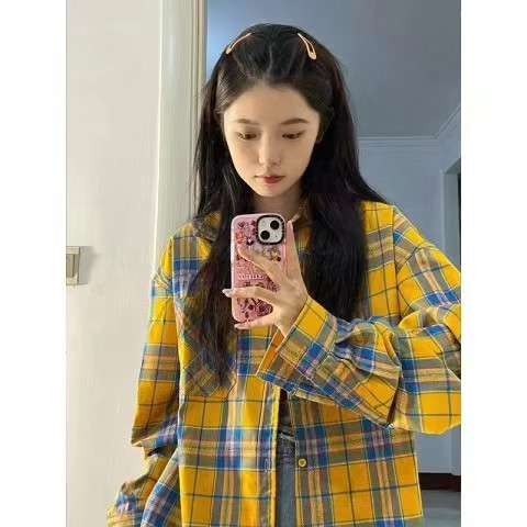 法式黃色格子襯衫襯衣外套女春秋季2024年新款寬鬆小個子長袖上衣