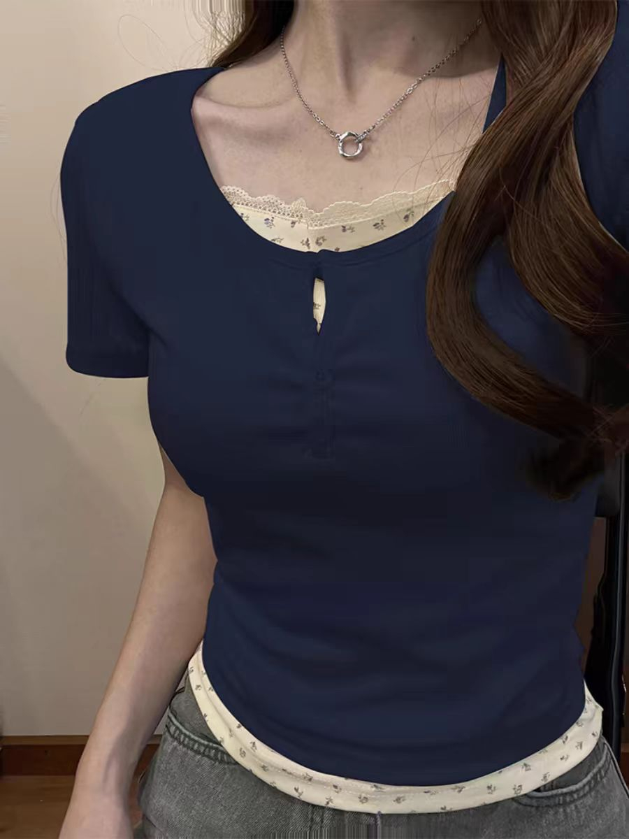 原版布料官方夏季假兩件翠花短袖上衣女短款