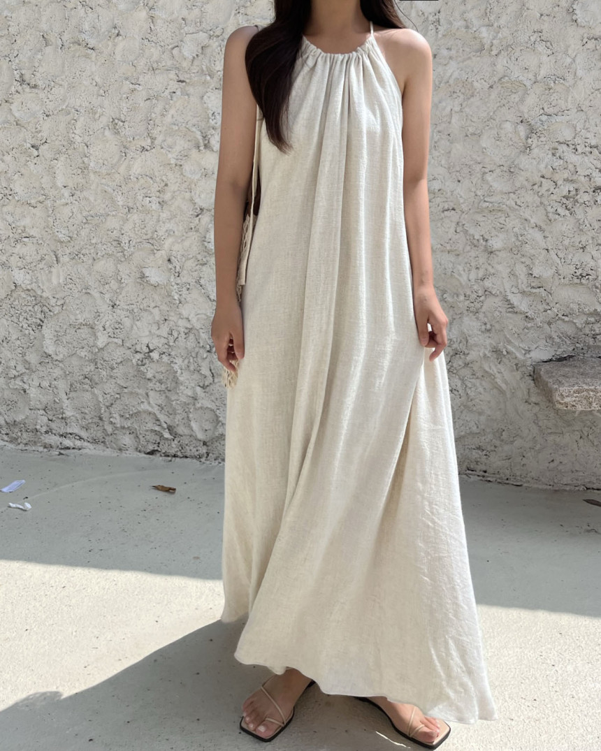 小眾度假風掛脖棉麻背心連衣裙女