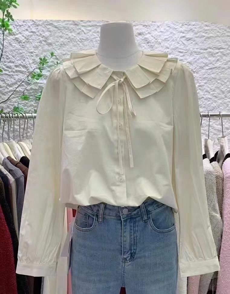 2024春季新品時尚女雙荷層葉邊蝴蝶結綁帶長袖白色襯衫女上衣潮
