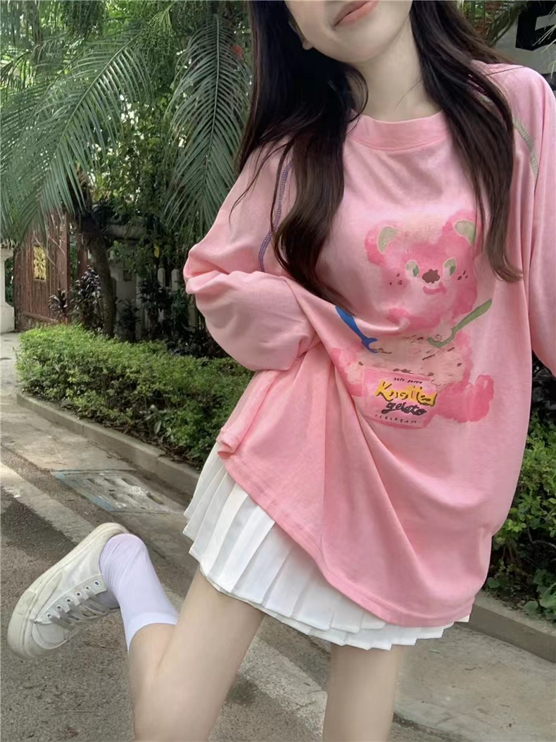 韓系多巴胺粉色圓領長袖印花防曬衣打底衫女夏季寬鬆長款T恤上衣