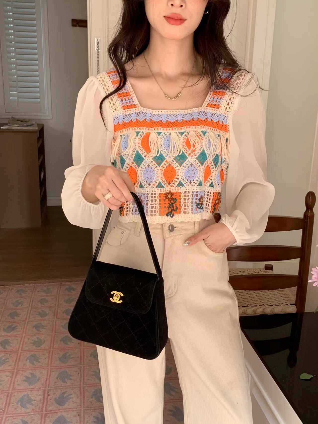 正肩方領長袖鈎花鏤空女春季2024新款高腰短款刺繡打底衫針織上衣