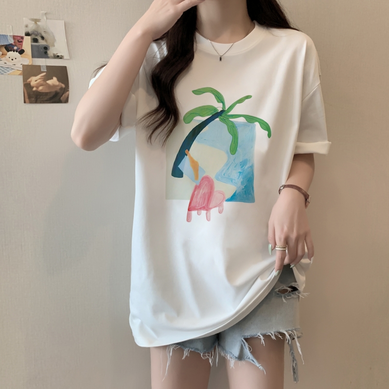 實拍 100%棉精梳純棉 印花夏裝短袖T恤女寬鬆韓版