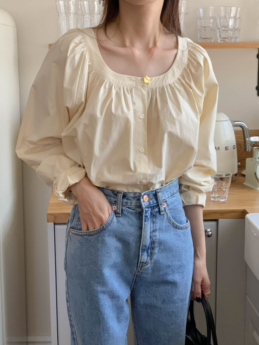 Size has been updated chic Korean spring French style square collar versatile single breasted puff sleeve shirt top