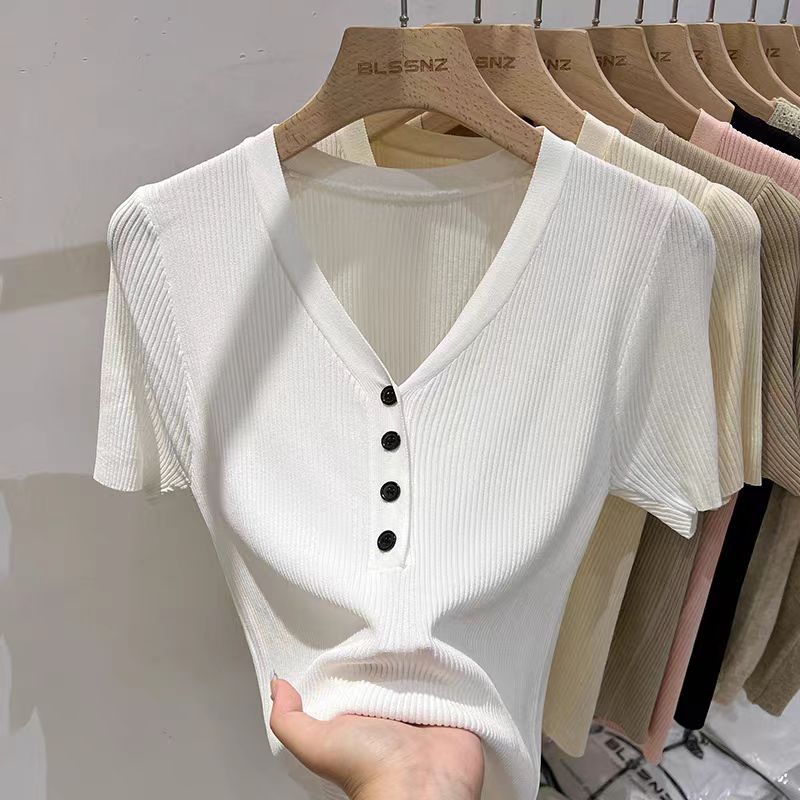 黑色短袖冰絲針織衫女春夏小眾洋氣