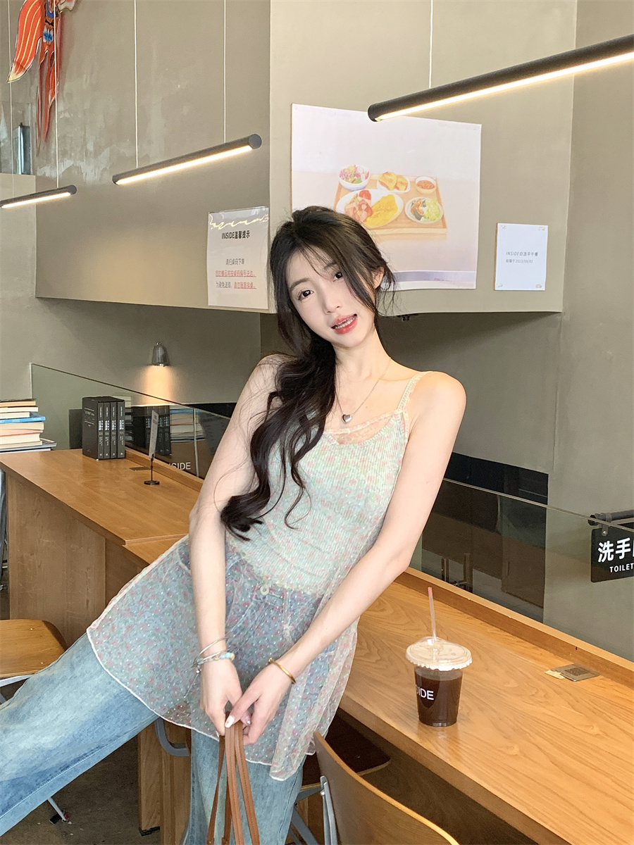 實拍~春夏新款韓版清新仙女疊穿碎花小背心+吊帶內搭