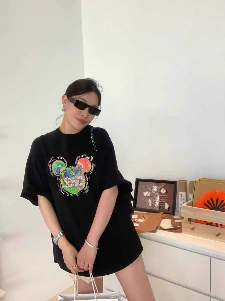 2024春裝新款韓版炫彩米奇印花字母刺繡寬鬆顯瘦百搭圓領短袖T恤