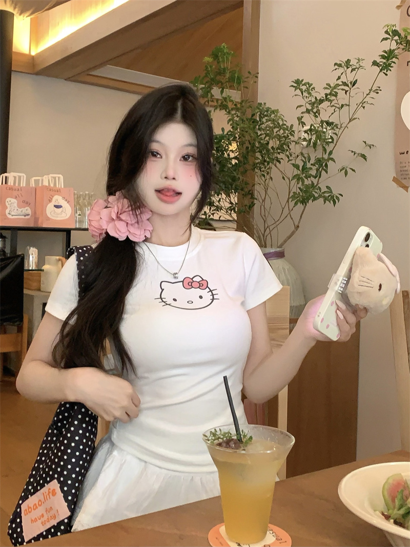 實拍 印花短袖T恤女2024新款小圓領收腰修身上衣