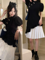 Actual shot of 2024 new slim fit Korean style dress with pleated long skirt