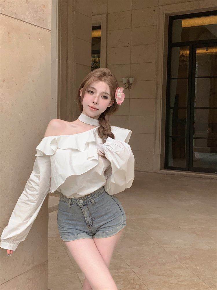 Actual shot ~ Spring new style halterneck off-shoulder lotus leaf collar long-sleeved shirt for women loose Korean style temperament top for women